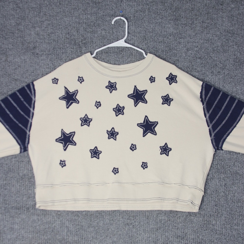 Free People Star Sweatshirt Womens L Ivory Blue Pullover Boxy Raw Hem Striped